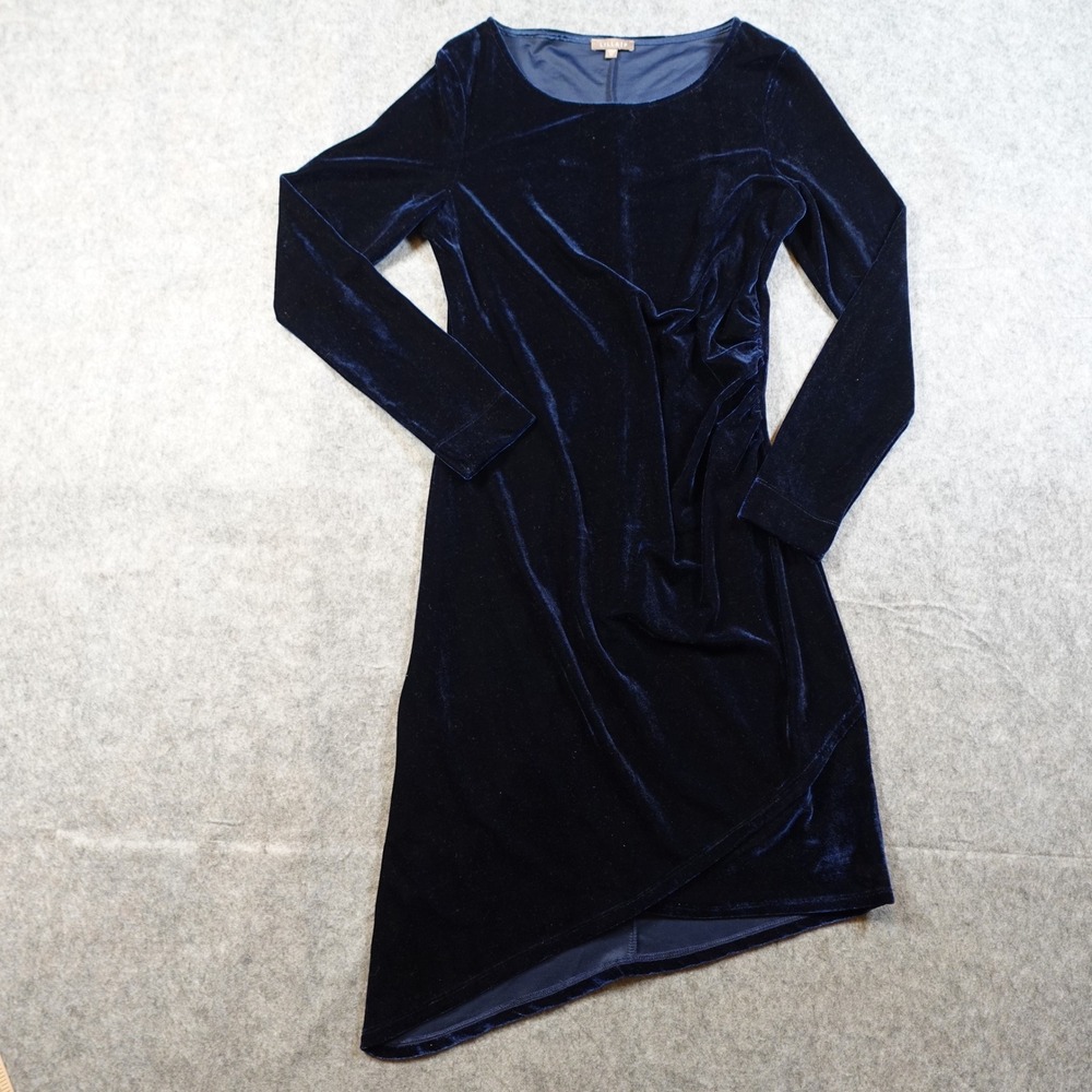 Lilla P Dress Womens Medium Velvet Ruched Asymmetrical Blue Midi Long Sleeve